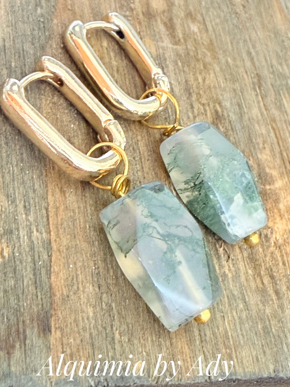 Forest Green moss agate and gold hoops Beaded Earrings